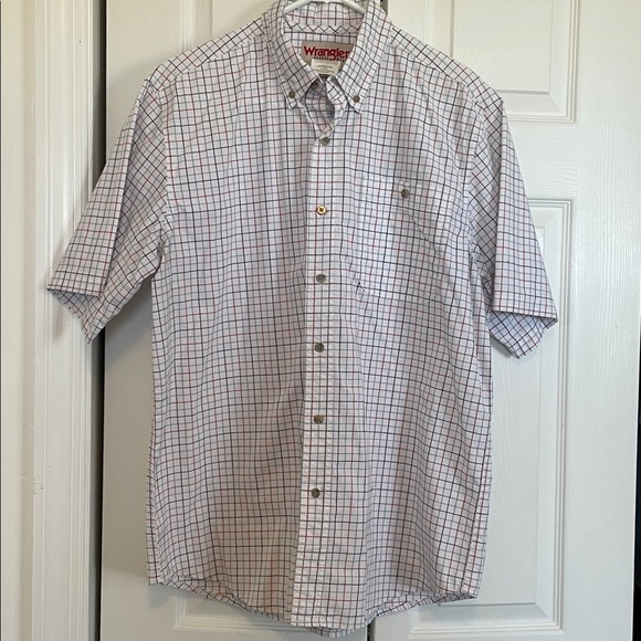 Men's L Wrangler White check Button down short sleeve Shirt left breast pocket - Picture 3 of 10